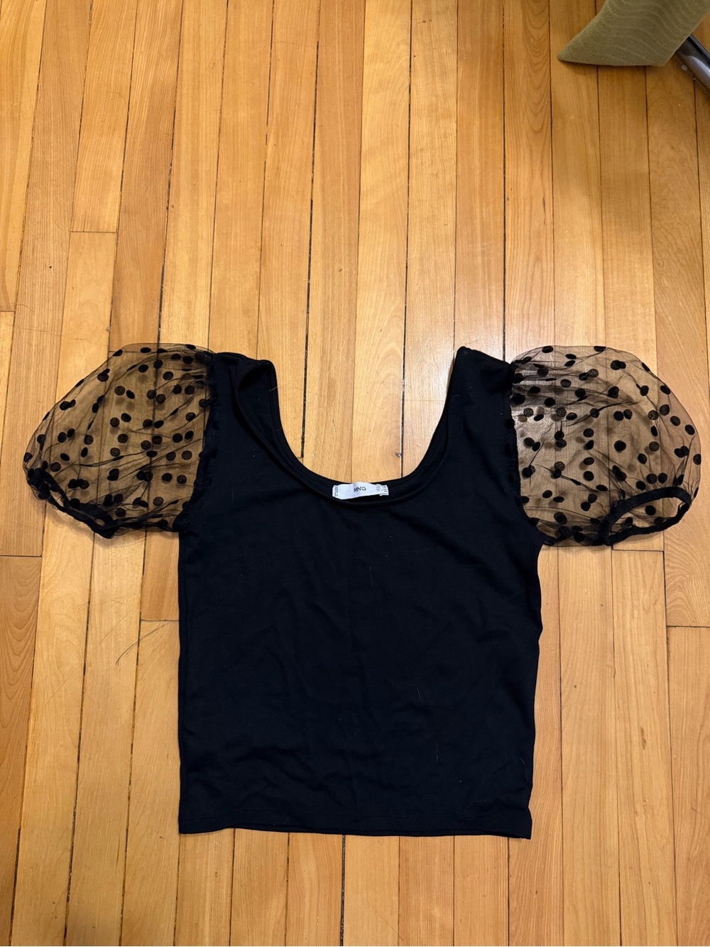 Black Puff Sleeve Polka Dot Mesh Top